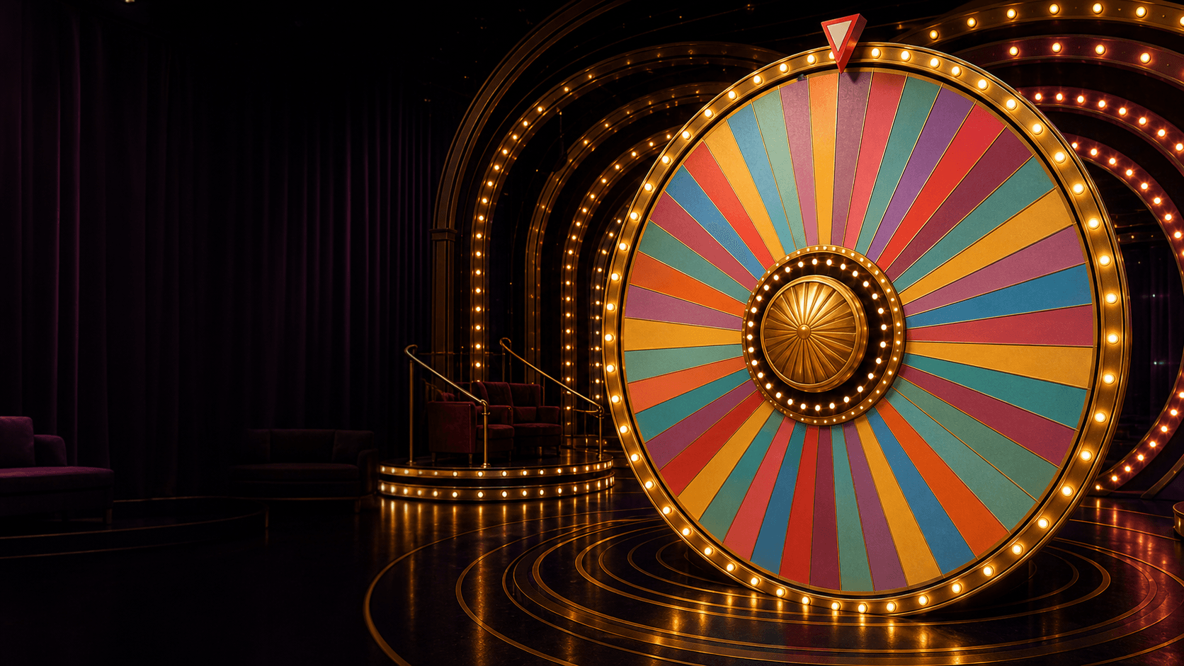 Scène de jeu télévisé cinématographique originale avec une grande roue éclairée